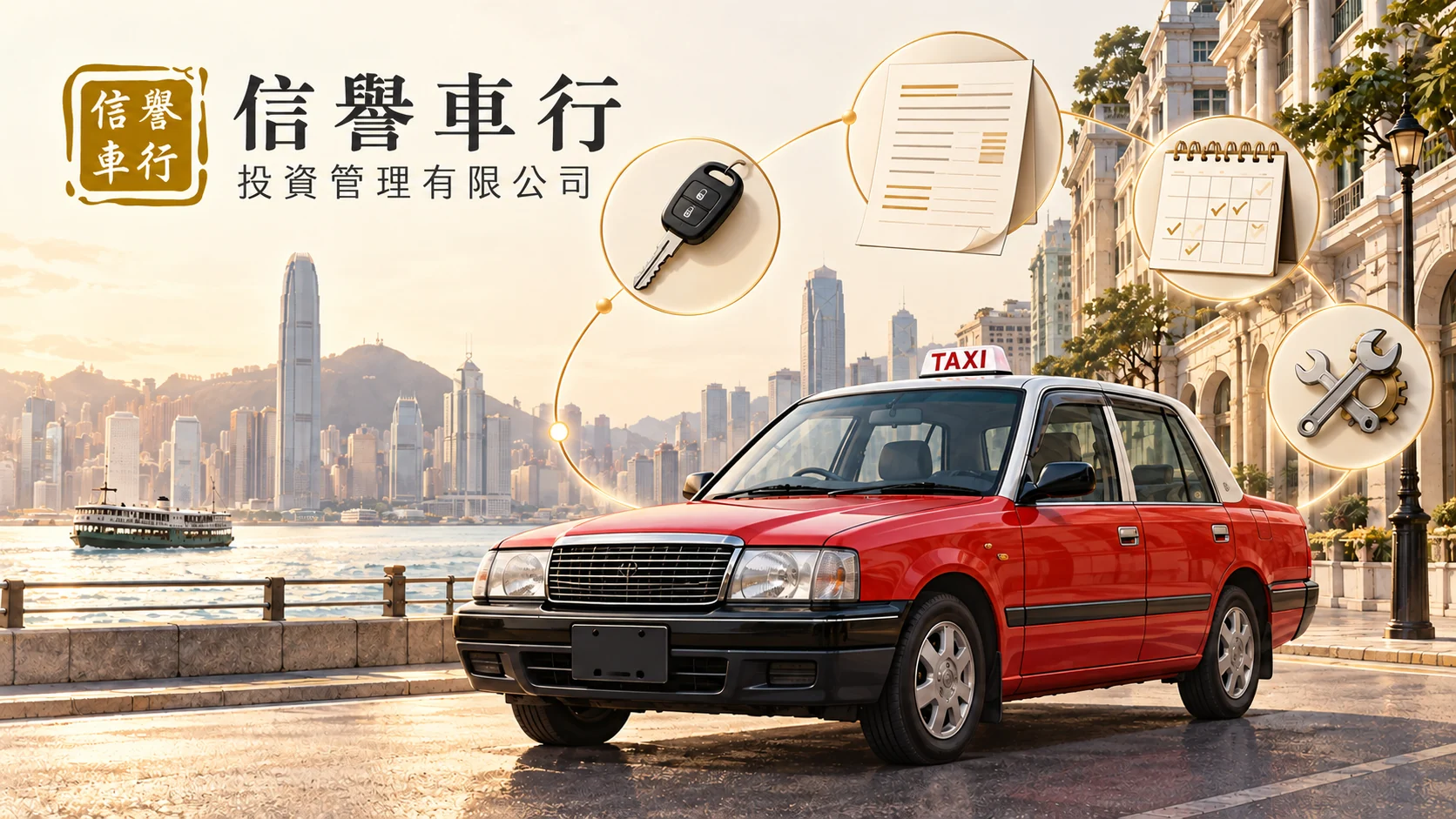 信譽車行的士托管系列品牌概念配圖：司機交接、文件、保養及日程安排