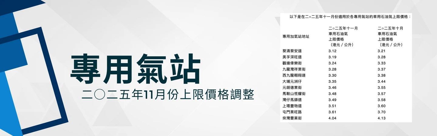 專用石油氣加氣站二○二五年十一月份上限價格調整 — 信譽車行消息配圖